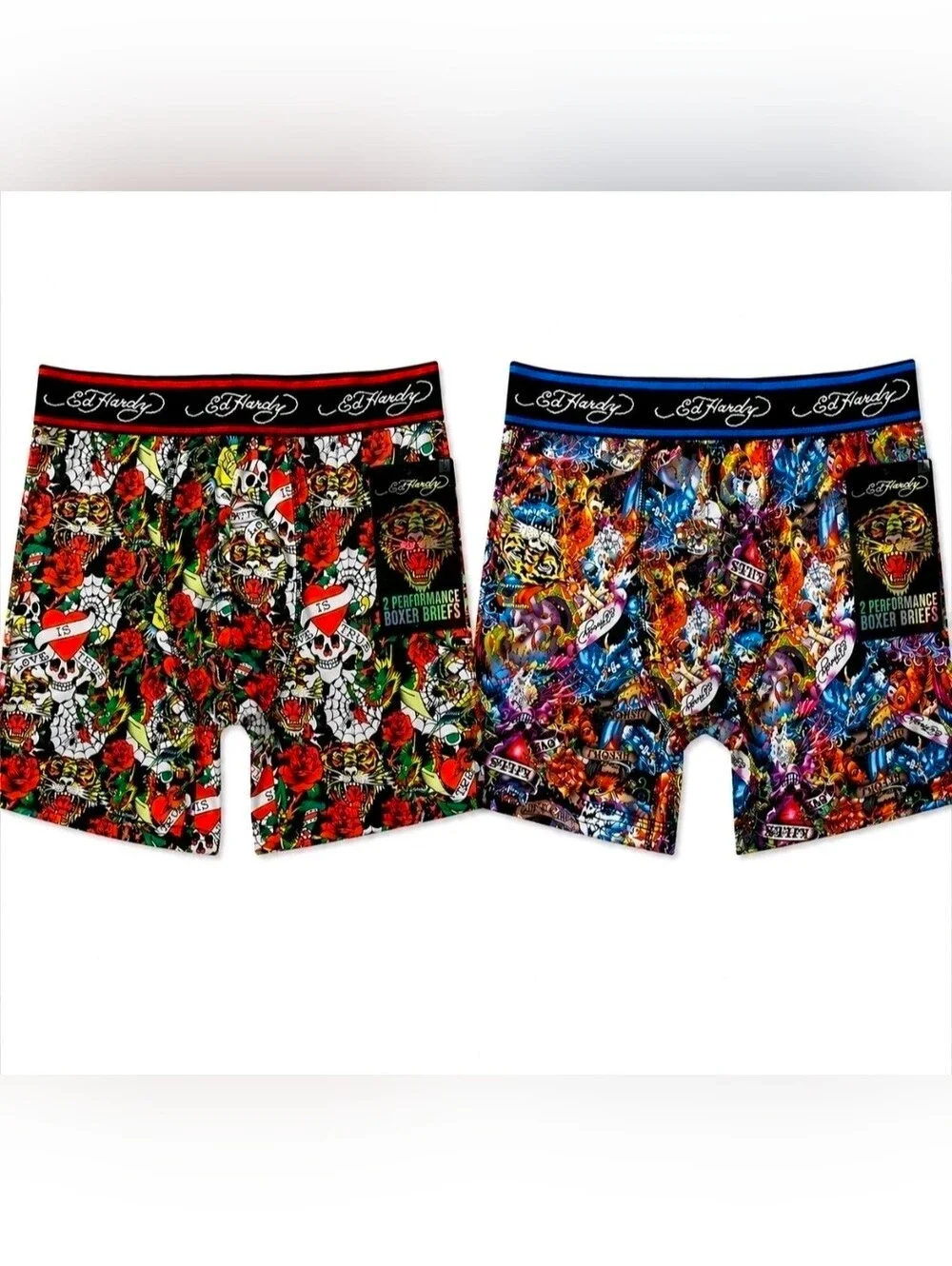 Ed Hardy Men's Performance Boxer Briefs Y2K Skulls Roses Pattern, 2-Pack, size L